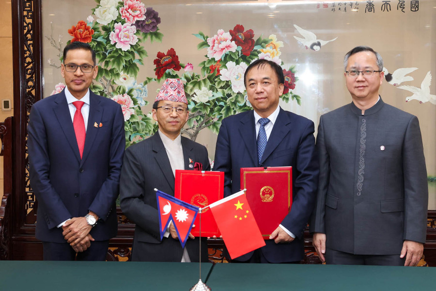 Acting Foreign Secretary Amrit Bahadur Rai (second left) and deputy head of China’s National Development and Reform Commission Liu Sushe (third) after signing the cooperation framework of the Belt and Road Initiative in Beijing on Wednesday. Photo: Courtesy of PM's Secretariat https://kathmandupost.com/national/2024/12/05/nepal-and-china-sign-framework-for-bri-cooperation-in-beijing